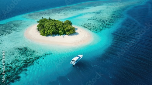 A boat navigating the azure waters near a coastal beach, surrounded by natural landscapes and oceanic landforms. Trees and vehicles visible on the shoreline AIG50