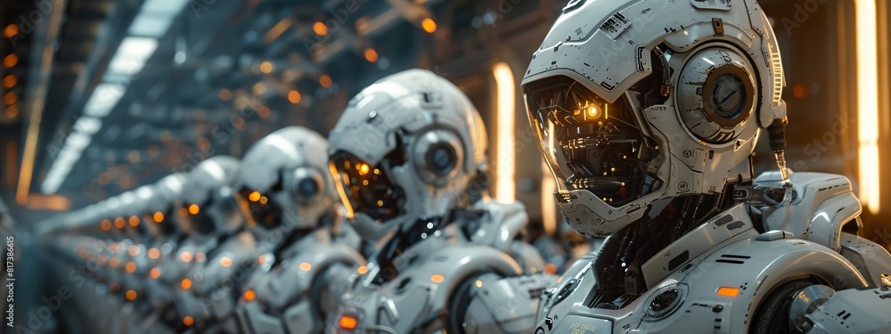 Fototapeta premium A robotics lab with engineers working on advanced robots, AI systems, and cutting-edge technology. High-tech environment.