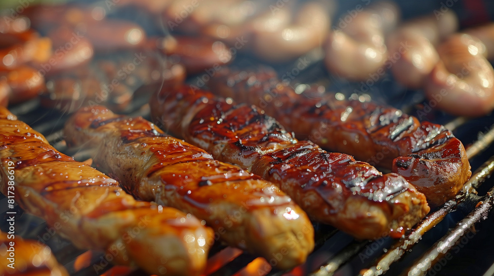Sausages cooking on a grill during a summer BBQ party. The meat sizzles as it gets charred on the hot grill, emitting a delicious aroma Sausages cooking on a grill during a summer BBQ party. The meat sizzles as it gets charred on the hot grill, emitting a delicious aroma