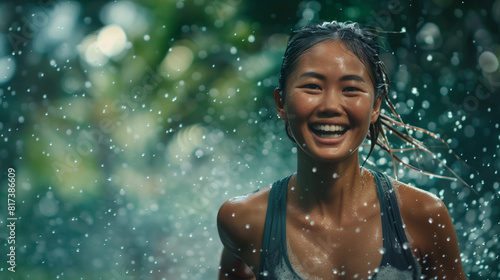 A young Asian woman is running in the rain  showcasing her determination and endurance as she braves the elements