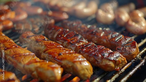 Sausages cooking on a grill during a summer BBQ party. The meat sizzles as it gets charred on the hot grill, emitting a delicious aroma