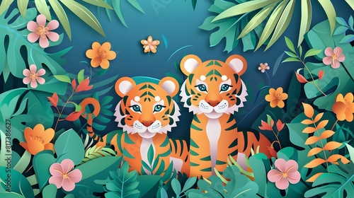 Paper cut style illustration of an adorable tiger family surrounded by blooming flowers.Family day and mothers day card concept. 