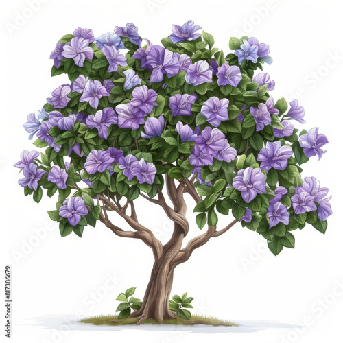 Artistic illustration of a tree adorned with vibrant purple flowers, capturing a serene and natural beauty. © khonkangrua