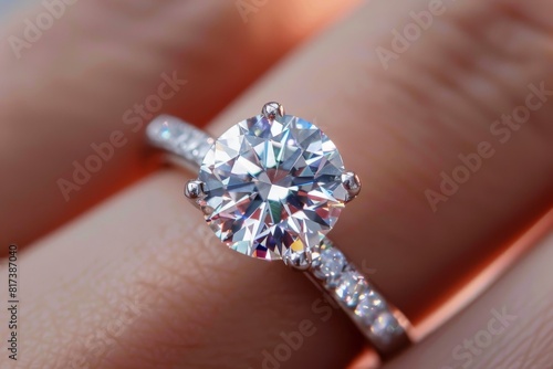 Single large diamond ring on a finger