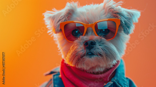 A cute and stylish small dog wearing sunglasses and a scarf poses confidently, showcasing a humorous and trendy look.