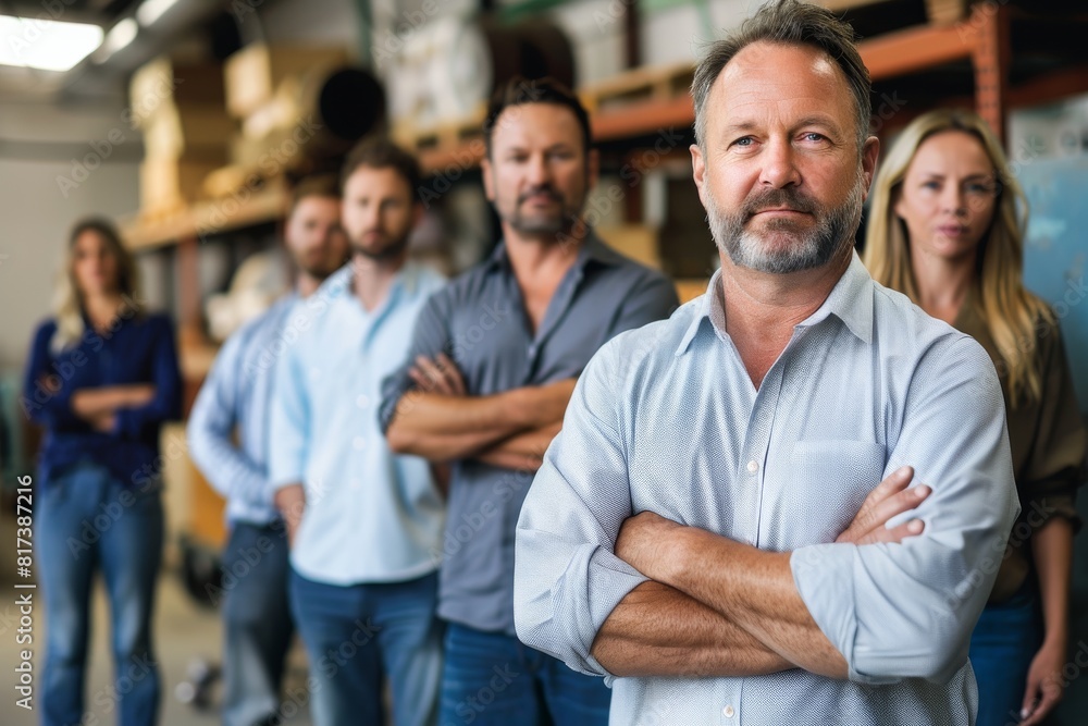 Portrait of confident mature businessman standing with arms crossed in warehouse with colleagues in background Portrait of confident mature businessman standing with arms crossed in warehouse with colleagues in background