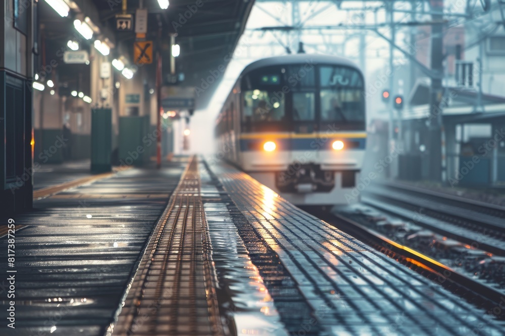 Train stopping at station on a rainy day