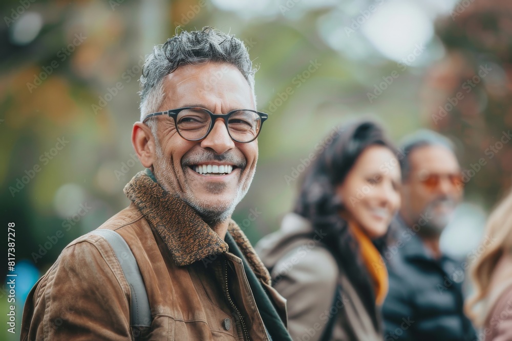 Portrait of happy senior man in eyeglasses with friends in the background Portrait of happy senior man in eyeglasses with friends in the background