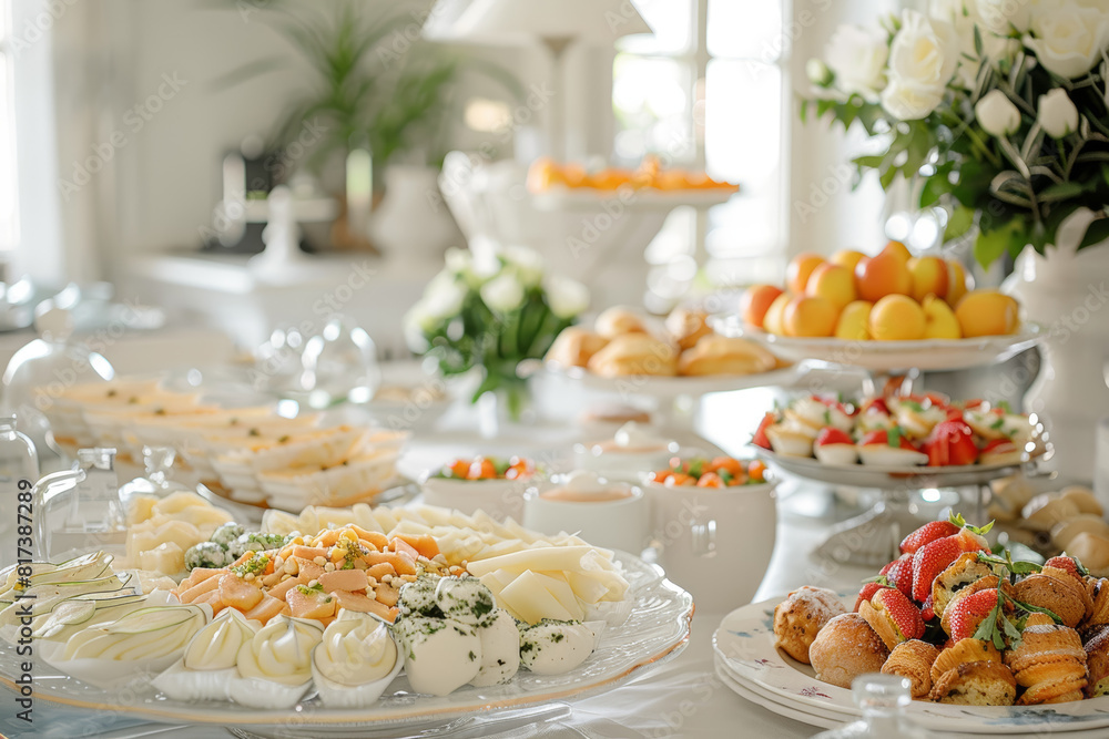 A gourmet breakfast buffet served in an elegant dining room, featuring a spread of fresh pastries, fruits, and made-to-order omelets. Generative Ai. A gourmet breakfast buffet served in an elegant dining room, featuring a spread of fresh pastries, fruits, and made-to-order omelets. Generative Ai.