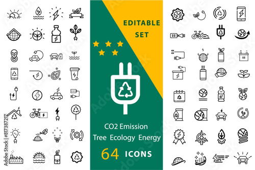 Co2 solar energy ecology Pixel perfect icons. Modern thin outline style of sun power photovoltaic (PV) home system and renewable electric energy technology signs: house, cell, battery.