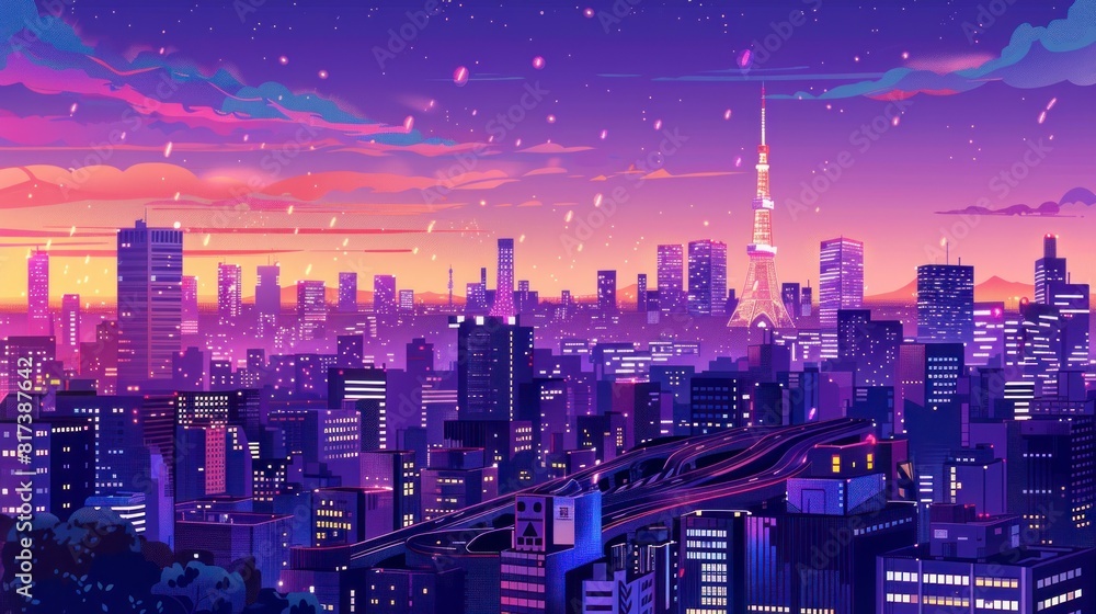Obraz premium illustration of beautiful landscape of a city in Japan with train and buildings in high resolution and high quality