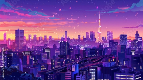 illustration of beautiful landscape of a city in Japan with train and buildings in high resolution and high quality