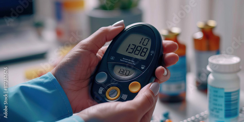 Diabetes medication a diabetic checks their blood sugar levels on handheld blood machine.