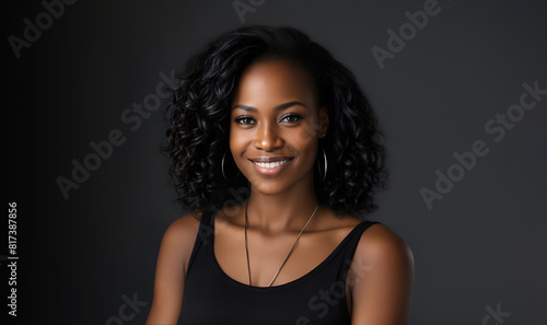 Black woman with curly hair and hoop earrings  black tank top and has a long necklace smiling at the camera on dark grey background 