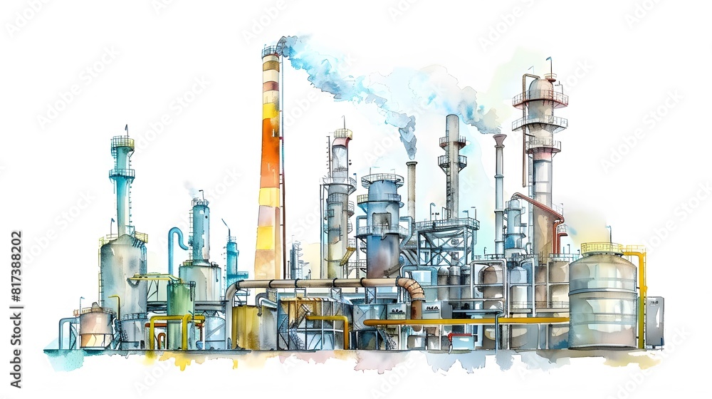 Watercolor drawing paint of industry zone, refinery power plant energy station for stored, petrochemical industrial, factory food processing plant isolated on white background Watercolor drawing paint of industry zone, refinery power plant energy station for stored, petrochemical industrial, factory food processing plant isolated on white background