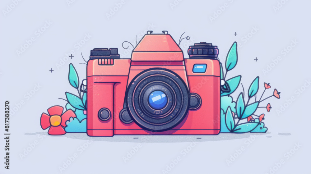 Obraz premium Illustration of a red vintage camera surrounded by flowers and whimsical elements, representing nostalgia and photography.