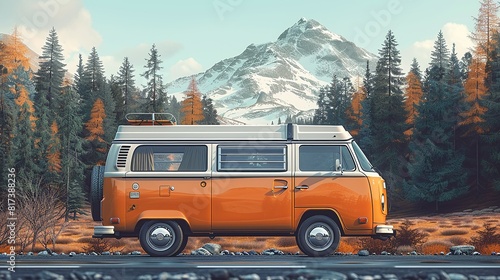 Travel Concept, Camper Van Travel, Converted vans provide a compact yet comfortable way to travel and camp. surrealistic Illustration image, © DARIKA