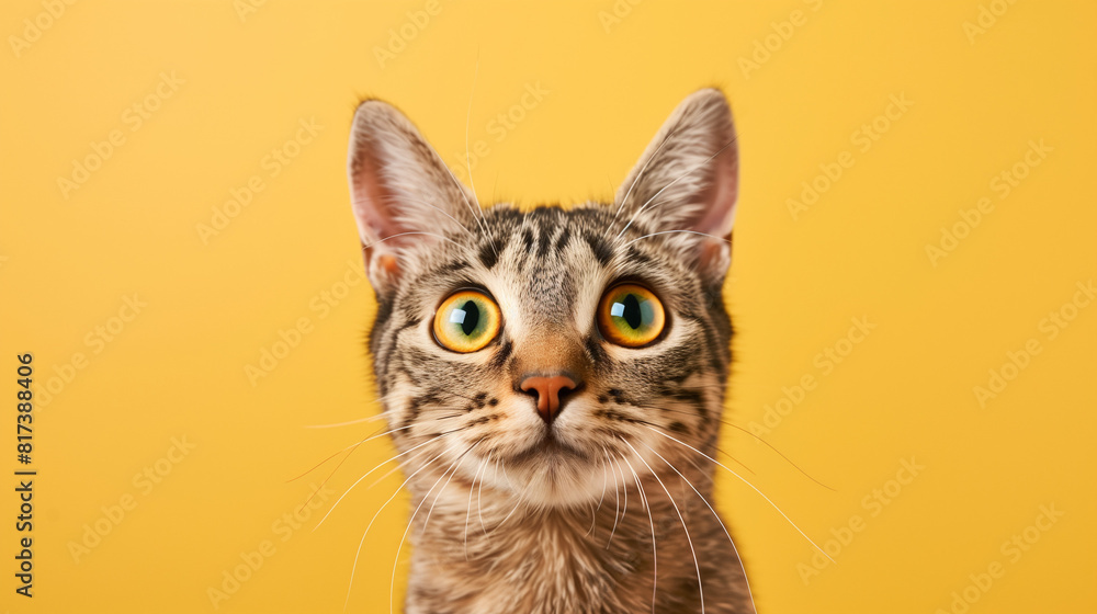 A tabby cat with a surprised expression looking up at the camera against a vibrant yellow backdrop A tabby cat with a surprised expression looking up at the camera against a vibrant yellow backdrop