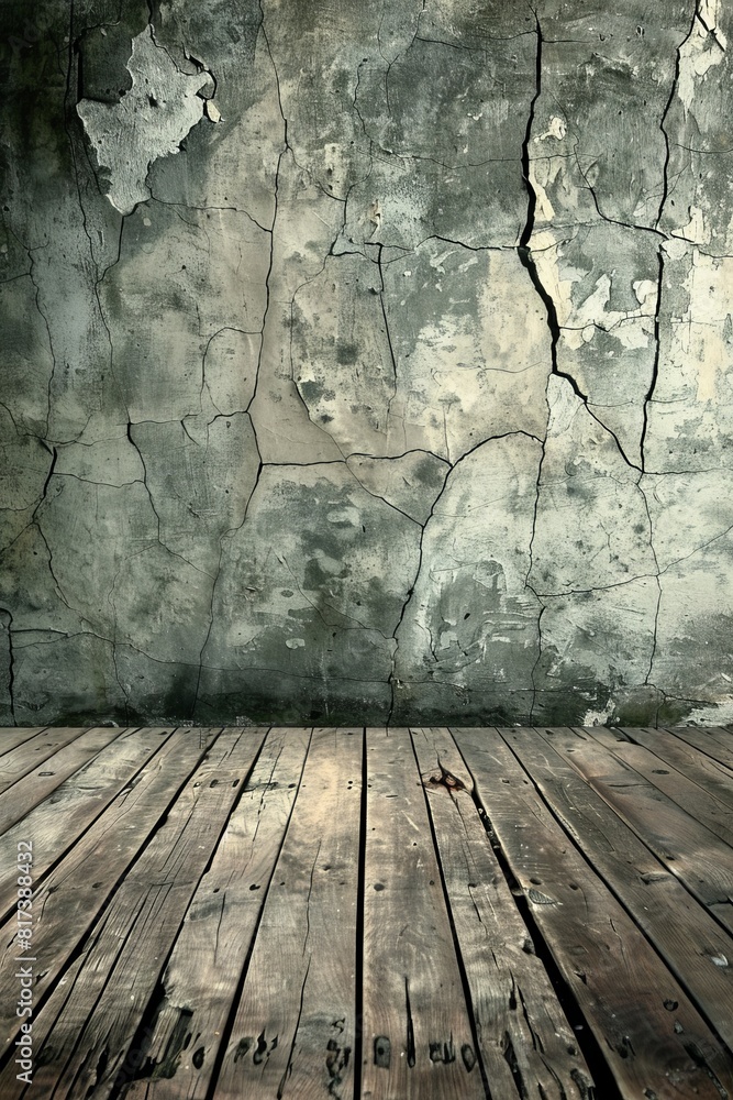 Fototapeta premium vintage grunge background with wooden floor and cracked wall 