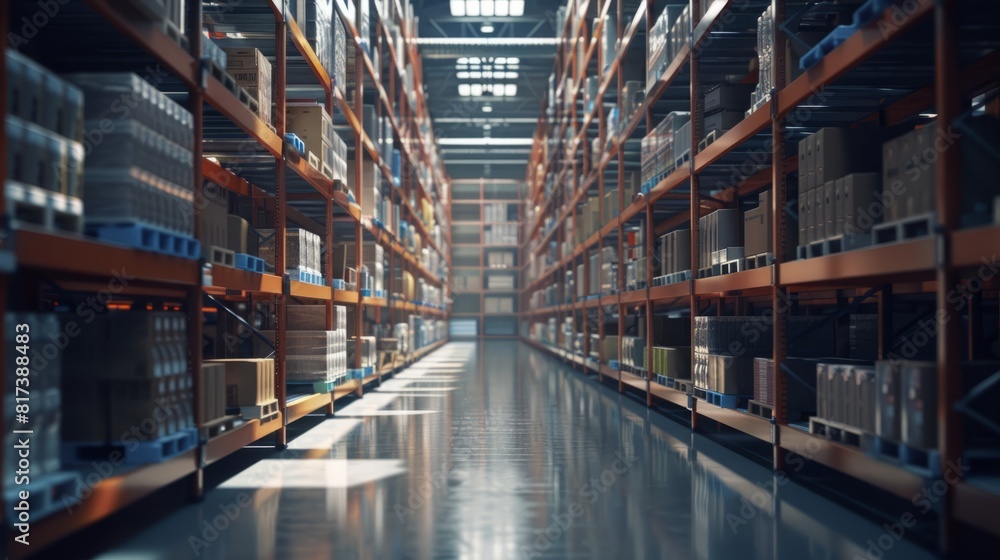 Storage of boxes inside a semi automated industrial warehouse, stock of merchandise on shelves and racks Storage of boxes inside a semi automated industrial warehouse, stock of merchandise on shelves and racks