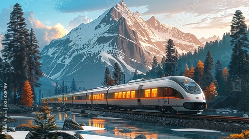 Travel Concept, Train Travel, Trains offer scenic routes and are often used for commuting or leisure travel. surrealistic Illustration image,