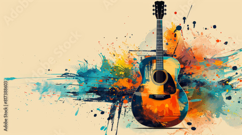 An artistic representation of a guitar with vibrant splashes of color and abstract design elements.