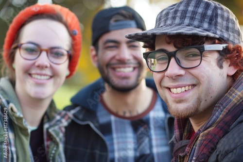 Portrait of group of friends smiling in the park. Outdoors.