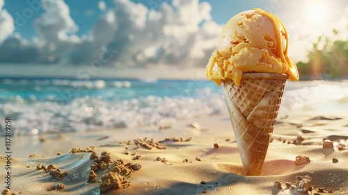 Mango ice cream in a cone, melting slightly under the sun, with a beach scene in the background realistic