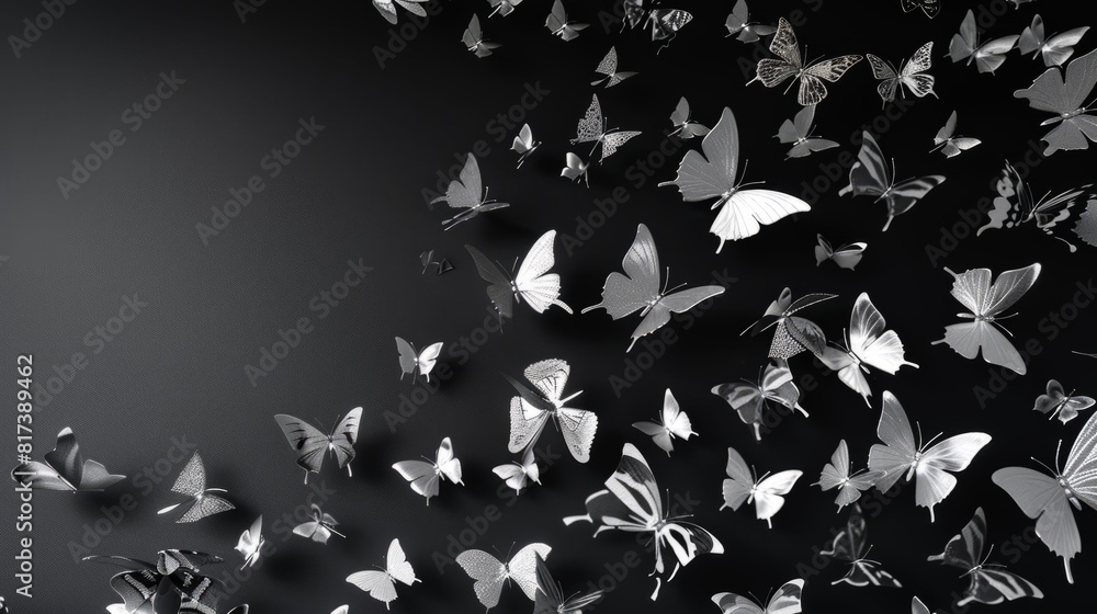 Fototapeta premium trails of silver butterflies on black background, 3D butterfly