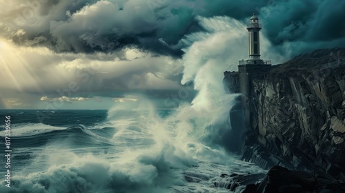 Solitary Lighthouse on Rugged Clifftop with Crashing Waves Below 