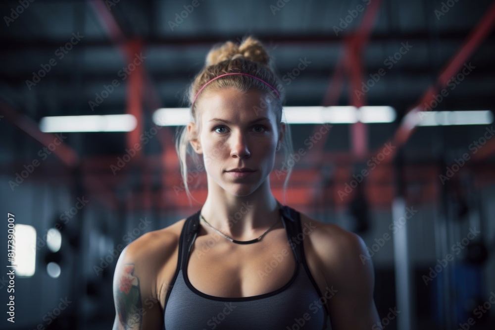 portrait of young woman in cross training gym portrait of young woman in cross training gym
