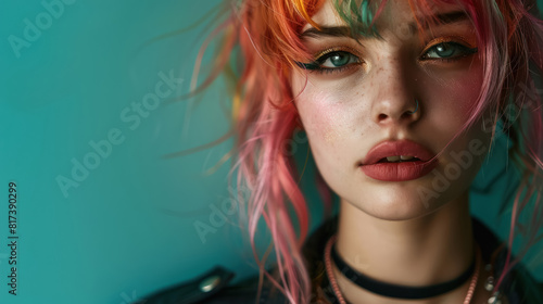 close up portrait of a young woman with bright rainbow-colored hair and sparkly makeup, expressing urban youth culture photo