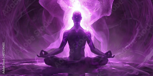 Steady Purple Aura: A person sits in lotus position, their body surrounded by a soothing purple glow. photo