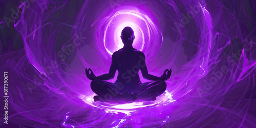 Steady Purple Aura: A person sits in lotus position, their body surrounded by a soothing purple glow.