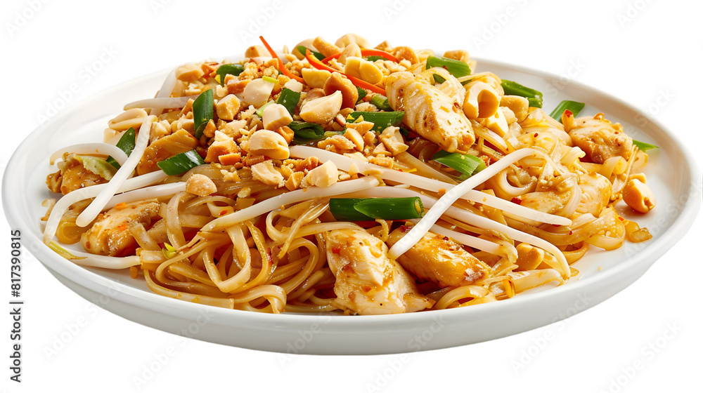 Chicken pad Thai with perfectly cooked chicken strips, crushed peanuts, and bean sprouts, arranged neatly, transparent background Chicken pad Thai with perfectly cooked chicken strips, crushed peanuts, and bean sprouts, arranged neatly, transparent background