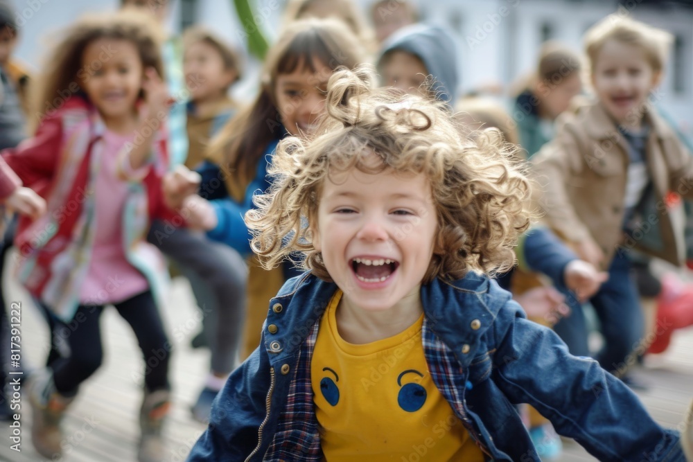 happy kids group have fun and play at playground on spring sunny day happy kids group have fun and play at playground on spring sunny day