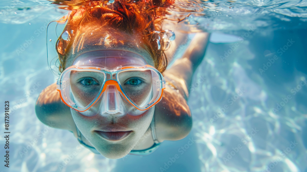 Fototapeta premium Underwater Wonder: A Young Girl's Snorkeling Adventure