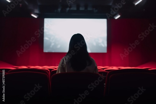 Rear view of woman sitting alone watching movie in empty theatre