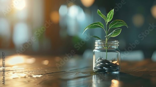 Plant Growing Out Of Coin Jar On Table In Office With Soft Grey Background - Investing And Business Success Concept realistic
