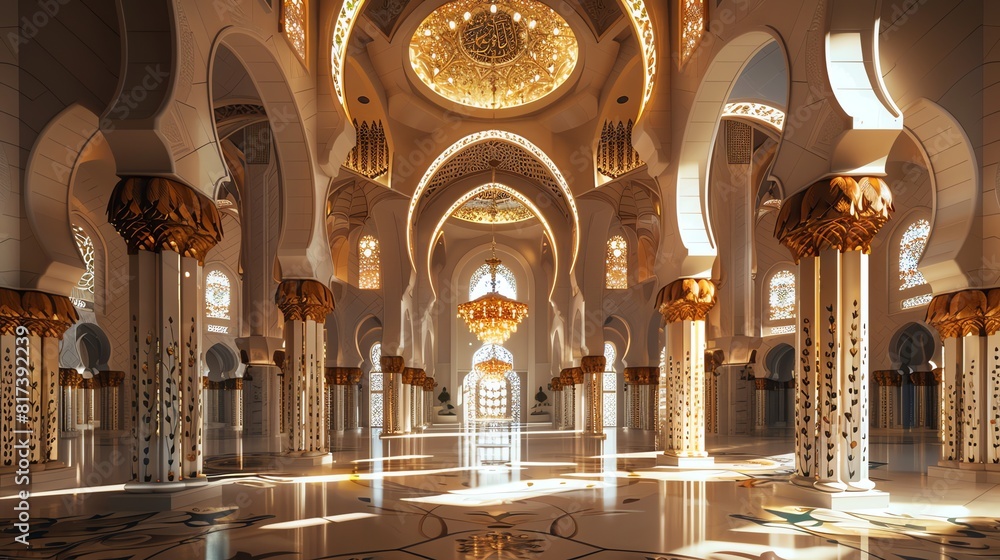 Fototapeta premium Beautiful mosque interior with warm sunlight streaming through the windows