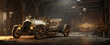 Steampunk, retro, retrofuturistic technology, vintage car is parked in a dusty garage. Light shines through a window.
