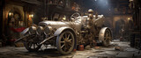 Steampunk, retro, retrofuturistic technology, vintage car is parked in a dusty garage. Light shines through a window.