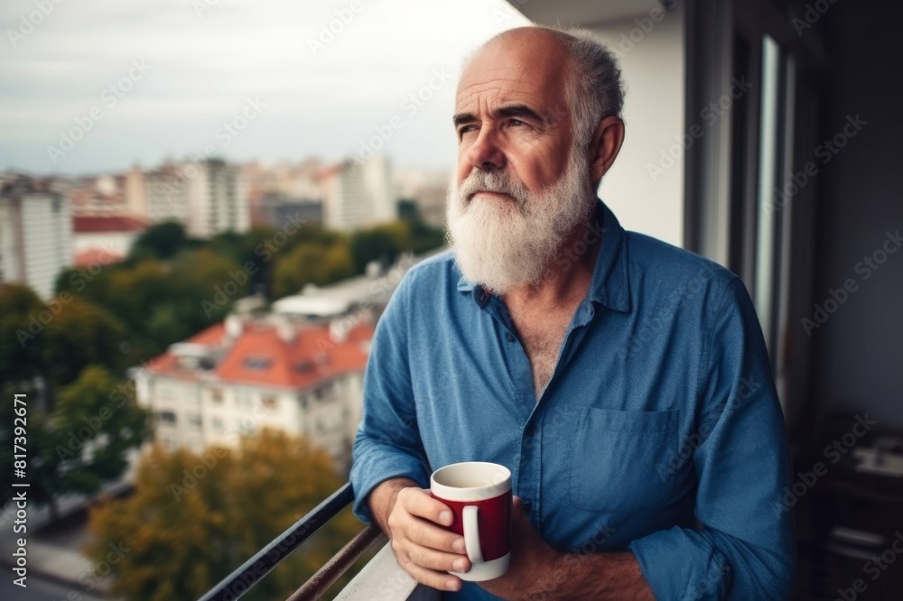 sad senior man drinking coffee and looking at urban view in balcony sad senior man drinking coffee and looking at urban view in balcony