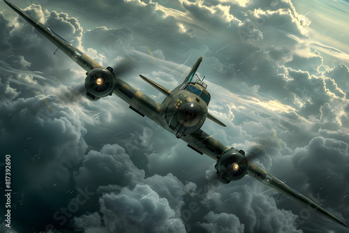 Soaring High: A Riveting Capture of a World War II Aircraft in Action over the Towering Clouds