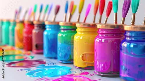 Row Of Messy Colorful Paint Brushes And Containers On Isolated White Background - Creativity Concept realistic