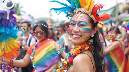 Colorful Celebrations at Outdoor Pride Event - Closeup of Joyful Attendees with Festive Accessories 