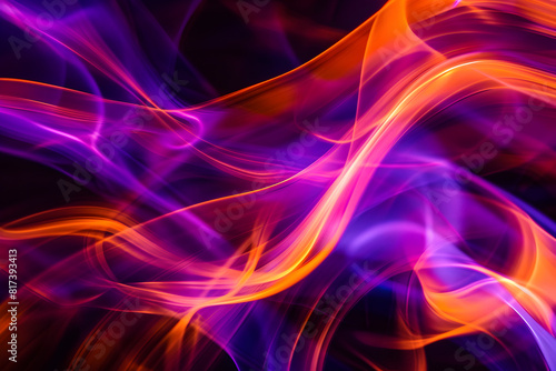 Abstract neon waves with orange and purple glowing streaks. Stunning art on black background.