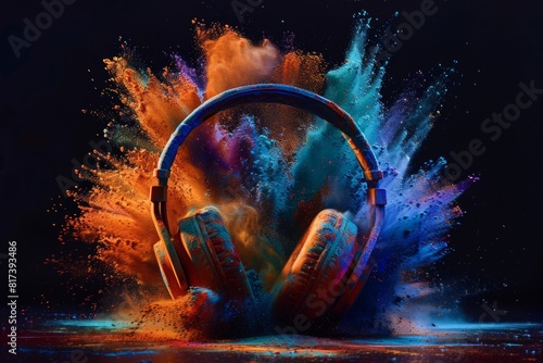 headphones made of colorful powder, dark background.