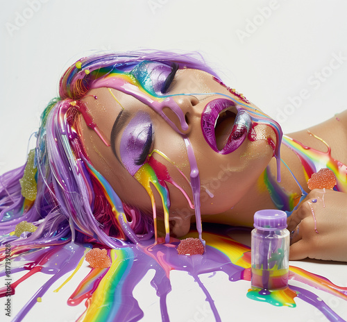 The girl with gummy candy and colorful spilled makeup and nail polish all over her face.Minimal creative food and make up concept.