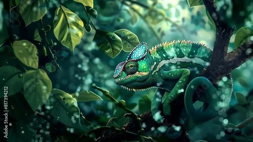 Chameleon blending into emerald foliage. Anime or digital painting style, looping 4k video animation background photo